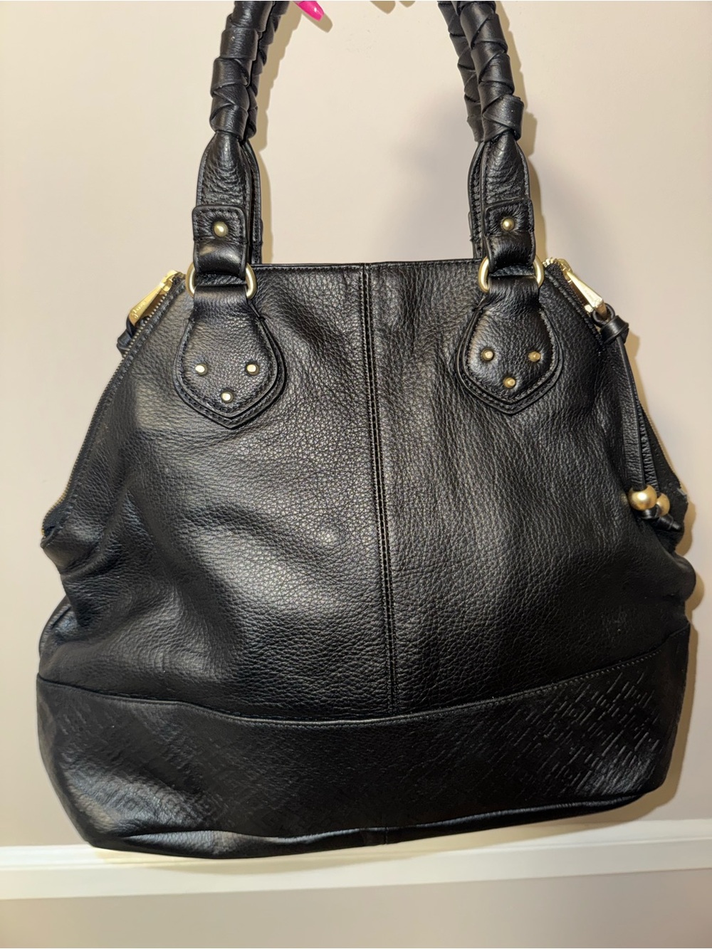 Sloane & Alex Vintage Black Leather Tote Bag with Braided Handles